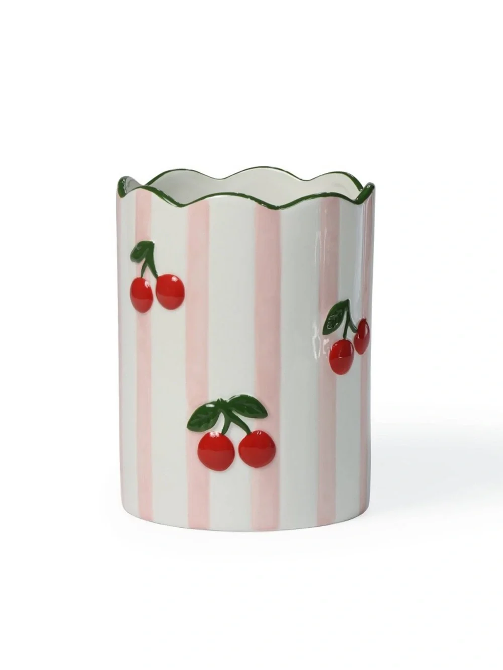 Ceramic Utensil Holder - Pink & White Striped with Cherry Design Target Bullseye